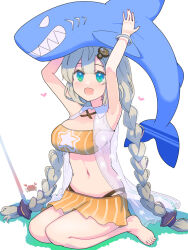 Rule 34 | 1girl, arms up, beach, bracelet, braid, breasts, crab, green eyes, hair ornament, hairpin, heart, inflatable toy, jewelry, kizuna akari, large breasts, last period, long hair, multiple hairpins, navel, open mouth, outdoors, puuakachan, shark, sitting, skirt, smile, solo, swimsuit, twin braids, voiceroid, white hair