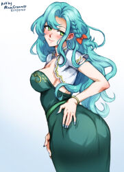 Rule 34 | 1girl, aqua hair, armor, ass, ass focus, back, blush, braid, breasts, chloe (fire emblem), commentary, detached sleeves, dress, english commentary, fire emblem, fire emblem engage, green eyes, huge ass, large breasts, long hair, looking at viewer, mina cream, nintendo, presenting, short sleeves, side braid, sideboob, smile, solo, strapless, strapless dress, very long hair