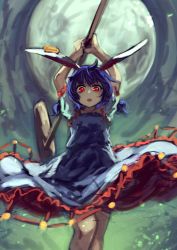 Rule 34 | 1girl, animal ears, arms up, berabou, blue dress, blue hair, rabbit ears, dress, from below, full moon, hammer, highres, kine, looking at viewer, looking down, low twintails, mallet, moon, open mouth, puffy sleeves, red eyes, seiran (touhou), short hair, short sleeves, solo, touhou, twintails, upskirt