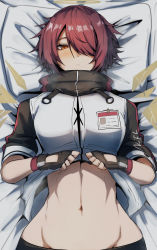 Rule 34 | 1girl, angel, arknights, clothes lift, detached wings, energy wings, exusiai (arknights), fingerless gloves, gin moku, gloves, hair over one eye, halo, highres, id card, jacket, midriff, navel, on bed, penguin logistics logo, pillow, raglan sleeves, red hair, shirt lift, short hair, white jacket, wings