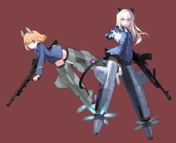 Rule 34 | 2girls, amelie planchard, animal ears, blonde hair, cat ears, cat tail, electricity, glasses, gun, multiple girls, panties, panties under pantyhose, pantyhose, perrine h. clostermann, rabbit ears, rabbit girl, rifle, shimada fumikane, simple background, strike witches, strike witches: katayoku no majo-tachi, striker unit, tail, underwear, weapon, world witches series