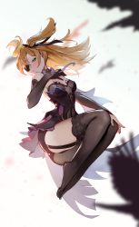 Rule 34 | 1girl, :/, absurdres, bare shoulders, bird, black dress, black pantyhose, black ribbon, black thighhighs, blonde hair, blurry, blurry foreground, blush, bow, bowtie, breasts, closed mouth, detached sleeves, dress, elbow gloves, eyepatch, fischl (genshin impact), floating hair, full body, garter straps, genshin impact, gloves, green eyes, hair ribbon, highres, long hair, looking at viewer, medium breasts, midfinger, pantyhose, purple bow, purple bowtie, ribbon, sidelocks, simple background, single elbow glove, single glove, single leg pantyhose, single thighhigh, solo, thighhighs, thighs, two side up, white background
