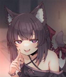 Rule 34 | 1girl, absurdres, animal ears, bow, brown hair, cat ears, cat tail, criss-cross halter, dot nose, fallenshadow, fang, frilled sleeves, frills, hair bow, halterneck, hand up, highres, indie virtual youtuber, open mouth, pink eyes, ribbon, single wrist cuff, skin fang, solo, tail, tail ornament, tail ribbon, valefal coneri, virtual youtuber, wrist cuffs