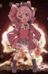 Rule 34 | 1girl, ahoge, arm up, blurry, blurry background, boots, explosion, fingerless gloves, full body, gloves, hat, highres, jacket, ksk (semicha keisuke), mushroom cloud, necktie, nijisanji, nuclear weapon, nuclear weapon, open mouth, over shoulder, pink eyes, pink hair, short hair, shorts, solo, standing, ushimi ichigo, virtual youtuber, weapon, weapon of mass destruction, weapon over shoulder