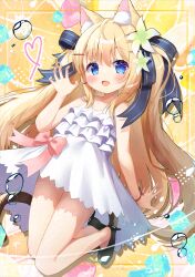 Rule 34 | 1girl, :d, animal ear fluff, animal ears, bare arms, bare shoulders, black bow, black footwear, blonde hair, blue eyes, blush, bow, cat ears, cat girl, cat tail, claw pose, commentary request, dress, flower, food, fruit, glaze artifacts, green flower, hair between eyes, hair bow, hair flower, hair ornament, hairclip, hand up, heart, high heels, highres, ice, ice cube, long hair, looking at viewer, open mouth, orange (fruit), orange slice, original, pink bow, shoes, siera (sieracitrus), sleeveless, sleeveless dress, smile, solo, strawberry, tail, two side up, very long hair, white dress