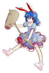Rule 34 | 1girl, alphes (style), animal ears, bloomers, blue hair, rabbit ears, dairi, dress, earclip, full body, holding, kine, long hair, looking at viewer, mallet, open mouth, parody, puffy short sleeves, puffy sleeves, red eyes, seiran (touhou), short dress, short sleeves, socks, solo, style parody, touhou, transparent background, underwear, white background