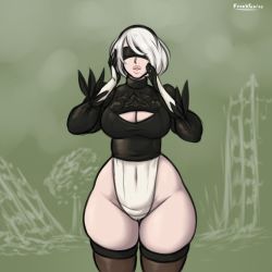 Rule 34 | 1girl, blindfold, breasts, cleavage, cleavage cutout, clothing cutout, cowboy shot, curvy, female focus, franktonius, highres, large breasts, lips, mole, mole under mouth, nier:automata, nier (series), short hair, skindentation, solo, standing, thick lips, thick thighs, thighhighs, thighs, white hair, wide hips, 2b (nier:automata)