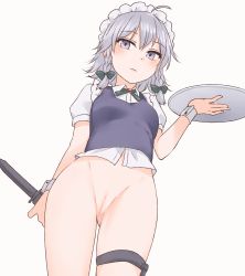 Rule 34 | 1girl, ahoge, blue vest, bottomless, bow, braid, censored, cleft of venus, commentary, frown, gluteal fold, green bow, grey eyes, grey hair, groin, hair between eyes, hair bow, highres, holding, holding knife, holding tray, izayoi sakuya, knife, looking at viewer, maid headdress, medium hair, miyo (ranthath), mosaic censoring, puffy short sleeves, puffy sleeves, pussy, shirt, short sleeves, simple background, solo, thigh strap, touhou, tray, twin braids, vest, white background, white shirt, wrist cuffs