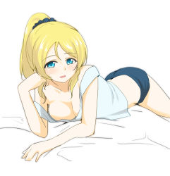 Rule 34 | 10s, 1girl, arm support, ass, ayase eli, blonde hair, blue eyes, blue shorts, breasts, butt crack, cleavage, hair ornament, high ponytail, long hair, love live!, love live! school idol project, lying, medium breasts, nanotsuki, off shoulder, on side, ponytail, shirt, shorts, simple background, solo, white background, white shirt