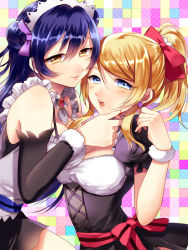 Rule 34 | 10s, 2girls, anmiko, ayase eli, blonde hair, blue eyes, blue hair, choker, detached sleeves, double bun, earrings, female focus, grabbing another&#039;s chin, hair ribbon, hand on another&#039;s face, jewelry, long hair, love live!, love live! school idol project, maid headdress, multiple girls, ponytail, puffy sleeves, ribbon, sonoda umi, wrist cuffs, yellow eyes, yuri