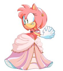 Rule 34 | 1girl, alternate costume, amy rose, animal ears, animal nose, breasts, choker, dress, female focus, frilled dress, frilled sleeves, frills, full body, furry, furry female, gloves, green eyes, grin, hairband, happy, highres, interlocked fingers, looking to the side, own hands together, pink dress, pink hair, pink hairband, red choker, short hair, short sleeves, sidelocks, sideways mouth, simple background, small breasts, smile, solo, sonic (series), standing, stellarspin, teeth, white background, white gloves, wide-eyed