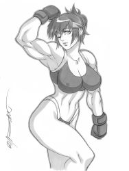Rule 34 | 1girl, ;), biceps, breasts, cleavage, daikon (tamagoland), daimon akiko, female focus, fingerless gloves, flexing, gloves, greyscale, headband, highleg, highleg panties, highres, large breasts, lips, midriff, monochrome, muscular, muscular female, navel, one eye closed, panties, short hair, sketch, smile, solo, sports bra, taisen hot gimmick, taisen hot gimmick 4ever, toned, underwear