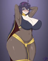 Rule 34 | 1girl, absurdres, ahoge, arms behind head, arms up, breasts, cosplay, covered navel, creatures (company), curvy, fibilis, fire emblem, fire emblem awakening, game freak, grin, hairband, hex maniac (pokemon), highres, huge breasts, looking at viewer, nintendo, pokemon, pokemon xy, post, purple eyes, purple hair, smile, solo, tharja (fire emblem), thick thighs, thighs, wide hips