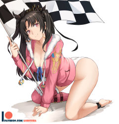 Rule 34 | 1girl, all fours, aori sora, arched back, arm support, asymmetrical legwear, barefoot, black hair, breasts, checkered flag, cleavage, closed mouth, fate/grand order, fate (series), flag, fur-trimmed hood, fur-trimmed legwear, fur trim, holding, holding flag, hood, hood down, hoodie, index finger raised, ishtar (fate), ishtar (swimsuit rider) (fate), kneeling, large breasts, leg belt, long hair, panties, patreon logo, patreon username, pink eyes, pink hoodie, simple background, single thighhigh, smile, solo, thighhighs, two side up, underwear, uneven legwear, white background, white panties