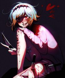 Rule 34 | 1boy, androgynous, bandaid, black hairband, black nails, bleeding, blood, blood on clothes, blood on face, blood stain, blue hair, blush, borrowed character, chariko, chromatic aberration, cuts, fingernails, grin, guro, hairband, hand on own knee, heart, highres, holding, holding knife, index finger raised, injury, kitchen knife, knee up, knife, long sleeves, looking at viewer, male focus, multicolored hair, nail polish, nosebleed, pink sweater, red eyes, self-harm, shaded face, sitting, smile, solo, spiked hairband, spikes, stab, sweater, teeth, two-tone hair