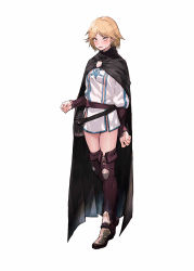 Rule 34 | 1girl, absurdres, blonde hair, blush, boots, cloak, highres, neia baraja, nipples, overlord (maruyama), short hair, simple background, solo, thigh boots, thighhighs, third-party edit