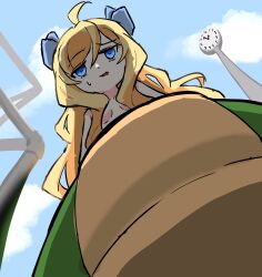 Rule 34 | 1girl, ahoge, analog clock, blonde hair, blue eyes, blue ribbon, blue sky, breasts, clock, cloud, commentary request, day, fang, from below, hair between eyes, hair censor, hair over breasts, hair ribbon, highres, jashin-chan, jashin-chan dropkick, jungle gym, lamia, long hair, looking at viewer, looking down, monster girl, parted lips, raised eyebrow, ribbon, shadow, sky, small breasts, solo, street clock, sweatdrop, zekachang