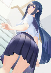 Rule 34 | 1girl, arm at side, blue eyes, blue hair, blue sailor collar, blue skirt, blunt ends, braid, breasts, expressionless, feet out of frame, french braid, from behind, from below, highres, indoors, large breasts, lips, long hair, looking at viewer, looking back, maddog, miniskirt, original, parted lips, pleated skirt, sailor collar, school uniform, serafuku, shirt, shirt overhang, short sleeves, sidelocks, skirt, solo, stairs, standing, straight hair, very long hair, white shirt