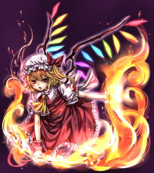 Rule 34 | 1girl, blonde hair, female focus, fire, flandre scarlet, hat, highres, ponytail, red eyes, shiratama (mofutto), short hair, side ponytail, solo, embodiment of scarlet devil, touhou, wings, wrist cuffs