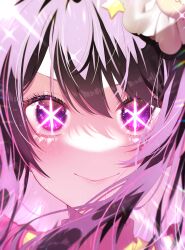 Rule 34 | 1girl, absurdres, blush, close-up, closed mouth, commentary request, dress, eye focus, hair between eyes, hair ornament, highres, hoshino ai (oshi no ko), long hair, looking at viewer, merokonbunbun, oshi no ko, pink dress, purple eyes, rabbit hair ornament, sidelocks, smile, solo, sparkle, star-shaped pupils, star (symbol), star hair ornament, symbol-shaped pupils, turtleneck, turtleneck dress