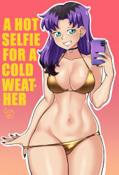 Rule 34 | 1girl, 2021, 20s, bikini, bikini pull, black hair, blue eyes, blush, breasts, cellphone, choker, cleavage, clothes pull, collarbone, dated, earrings, fang, gold bikini, gradient background, grin, highres, holding, jewelry, large breasts, long hair, looking at viewer, multicolored hair, navel, orange background, phone, purple hair, red background, sidney (zeshgolden), smartphone, smile, standing, swimsuit, teeth, two-tone background, two-tone hair, zeshgolden