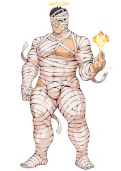 Rule 34 | 1boy, abs, alpha transparency, bandage over one eye, bandages, bara, black hair, burnt, facial hair, frown, half-closed eyes, halo, large pectorals, male focus, manly, mature male, mummy costume, muscular, muscular male, naop (anything), nipples, official alternate costume, official art, pectorals, sad, solo, sparkle, spiked hair, stubble, thick arms, thick thighs, thighs, third-party source, tight clothes, tokyo houkago summoners, transparent background, yellow eyes, zabaniyya (halloween) (housamo), zabaniyya (housamo)