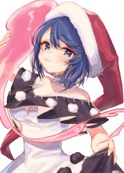 Rule 34 | bare shoulders, black capelet, blob, blue eyes, blue hair, breasts, capelet, cleavage, clothes lift, doremy sweet, dress, dress lift, hat, highres, looking at viewer, medium breasts, mokokiyo (asaddr), nightcap, pom pom (clothes), short hair, simple background, touhou, white background, white dress
