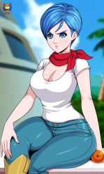 Rule 34 | 10s, 1girl, absurdres, angry, bare arms, blue eyes, blue hair, boots, breasts, bulma, cleavage, curvy, denim, dragon ball, dragon ball super, female focus, highres, hip focus, jeans, kyoffie, large breasts, outdoors, pants, scarf, shirt, short hair, sitting, solo, thick thighs, thighs, white shirt, wide hips