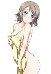 Rule 34 | 10s, 1girl, blue eyes, blush, breasts, cleavage, covering privates, cowboy shot, head tilt, light brown hair, looking at viewer, love live!, love live! sunshine!!, medium breasts, naked towel, nude, nude cover, sankuro (agoitei), simple background, smile, solo, towel, watanabe you, white background