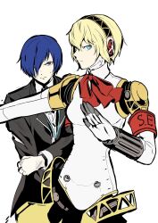Rule 34 | 1boy, 1girl, aegis (persona), android, blonde hair, blue eyes, blue hair, bow, closed mouth, gekkoukan high school uniform, hairband, highres, igusaharu, joints, looking at viewer, persona, persona 3, robot joints, school uniform, short hair, simple background, white background, yuuki makoto (persona 3)