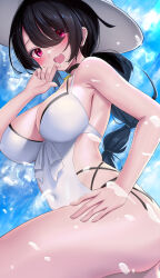 Rule 34 | 1girl, :d, black hair, blue archive, blue sky, braid, braided ponytail, breasts, cleavage, cloud, commentary request, day, eyes visible through hair, hair over one eye, hand on own hip, hat, highres, hinata (blue archive), hinata (swimsuit) (blue archive), large breasts, long hair, looking at viewer, official alternate costume, one-piece swimsuit, open mouth, outdoors, ratsuku kinoko, red eyes, sky, smile, solo, swimsuit, white hat, white one-piece swimsuit
