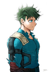 Rule 34 | 1boy, alternate hairstyle, arm at side, artist name, belt, bodysuit, boku no hero academia, brown belt, closed mouth, collarbone, freckles, from side, green bodysuit, green eyes, green hair, grey background, male focus, messy hair, midoriya izuku, pectorals, pero (pero56870578), short hair, simple background, smile, solo, torn bodysuit, torn clothes, upper body, white background