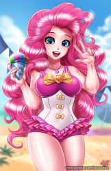 Rule 34 | 1girl, :d, beach, blue eyes, blurry, blurry background, bow, cloud, colored skin, cowboy shot, curly hair, day, food, frilled swimsuit, frills, gem, happy, hasbro, heart, holding, holding food, ice cream, jewelry, long hair, looking at viewer, multicolored nails, my little pony, my little pony: equestria girls, my little pony: friendship is magic, nail polish, necklace, ocean, one-piece swimsuit, open mouth, outdoors, personification, pink hair, pink skin, pinkie pie, racoon-kun, sky, smile, solo, swimsuit, very long hair, w, watermark, web address, yellow bow