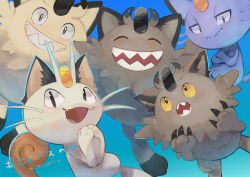Rule 34 | :d, alolan form, alolan meowth, alternate color, black eyes, blue background, cat, clenched teeth, closed eyes, commentary request, creatures (company), fangs, galarian form, galarian meowth, game freak, gen 1 pokemon, gen 7 pokemon, gen 8 pokemon, highres, kikuyoshi (tracco), looking at viewer, meowth, nintendo, no humans, open mouth, pokemon, pokemon (creature), sharp teeth, shiny pokemon, smile, teeth, tongue, translation request