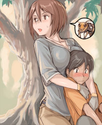 Rule 34 | 00s, 1boy, 1girl, blush, breast press, breast rest, breasts, breasts on head, brown eyes, brown hair, bug, casual, hetero, hug, hug from behind, bug, large breasts, aged up, rozen maiden, short hair, souseiseki, tree, tsuda nanafushi, wavy mouth