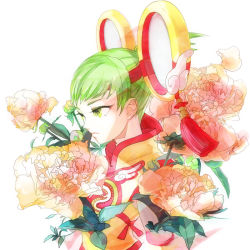 Rule 34 | 10s, 1girl, bad id, bad pixiv id, chinese clothes, dragon kid, female focus, flower, green eyes, green hair, huang baoling, matching hair/eyes, plant, shako, short hair, solo, thighhighs, tiger &amp; bunny, white background