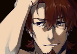 Rule 34 | 1boy, absurdres, brown eyes, brown hair, close-up, facial hair, fate/grand order, fate (series), goatee, hector (fate), highres, huge filesize, looking to the side, male focus, medium hair, mochi (boc), ponytail, shadow, solo, topless male, upper body