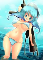 Rule 34 | 1girl, aqua eyes, aqua hair, arm up, artist name, bare shoulders, bikini, blue eyes, blue hair, blue sky, blush, breasts, character name, day, covered erect nipples, gradient hair, groin, gun, hair bobbles, hair ornament, hat, kawashiro nitori, large breasts, looking at viewer, matching hair/eyes, multicolored hair, navel, ocean, open mouth, partially submerged, pigeon-toed, ren (ren-ai), rifle, short hair, sky, smile, solo, stomach, swimsuit, thigh gap, touhou, twintails, two side up, underboob, visor cap, wading, water, weapon