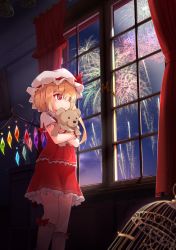 Rule 34 | 1girl, birdcage, blonde hair, cage, commentary request, crystal, curtains, feet out of frame, fireworks, flandre scarlet, frilled shirt collar, frills, hair between eyes, hat, hat ribbon, highres, holding, holding stuffed toy, imoutochiru, indoors, kneehighs, long hair, looking outside, miniskirt, mob cap, night, night sky, one side up, petticoat, puffy short sleeves, puffy sleeves, red eyes, red ribbon, red skirt, red vest, ribbon, shirt, short sleeves, skirt, skirt set, sky, socks, solo, standing, stuffed animal, stuffed toy, teddy bear, touhou, vest, white hat, white shirt, white socks, window, wings, wrist cuffs