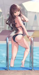 Rule 34 | 1girl, absurdres, ass, bikini, black one-piece swimsuit, bracelet, breasts, brown hair, day, from behind, green eyes, gridman universe, hand in own hair, highres, jewelry, long hair, looking at viewer, looking back, manda (luts7602), minami yume, one-piece swimsuit, open mouth, photo-referenced, pool, pool ladder, poolside, smile, soaking feet, ssss.dynazenon, swimsuit, teeth, thighs, upper teeth only, water, wet, wet clothes, wet swimsuit