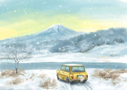Rule 34 | absurdres, bare tree, car, day, grass, highres, hirota (masasiv3), license plate, mini cooper, motor vehicle, mount fuji, no humans, outdoors, river, scenery, snow, snowing, tree, vehicle focus, water, winter