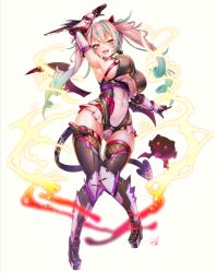 Rule 34 | 1girl, :p, armpits, arms up, blush, boots, breasts, commentary request, covered navel, demon tail, demon wings, doyouwantto, elbow gloves, fang, fishnet thighhighs, fishnets, full body, gloves, heart, highleg, highleg leotard, highres, horns, indie virtual youtuber, kiara amemura, large breasts, leotard, long hair, looking at viewer, multicolored hair, open mouth, pink hair, pointy ears, shiny clothes, shiny skin, sideboob, smile, solo, striped, tail, thighhighs, tongue, tongue out, twintails, virtual youtuber, wings