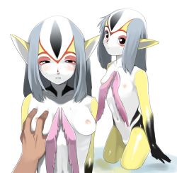 Rule 34 | 1girl, ao no roku-gou, ao no roku-gou, blush, grabbing another&#039;s breast, breasts, colored skin, foolishmix, grabbing, monster girl, multicolored skin, mutio, nipples, pointy ears, red eyes, silver hair, small breasts, solo focus, white skin, yellow skin