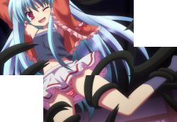 Rule 34 | 10s, 1girl, anime screenshot, blue hair, cube x cursed x curious, fear kubrick, highres, long hair, non-web source, panties, red eyes, screencap, shirt, skirt, solo, stitched, striped, third-party edit, underwear, very long hair