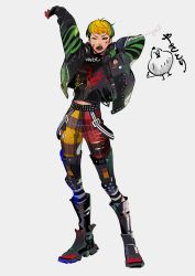 Rule 34 | 1girl, adapted costume, apex legends, bird, black hair, black shirt, blonde hair, blood, boots, chicken, green hair, green sweater, grey background, iwamoto zerogo, multicolored hair, nosebleed, pants, plaid, plaid pants, punk rocket valkyrie, red pants, shirt, short hair, solo, streaked hair, stretching, studs, sweater, thigh boots, thighhighs, two-tone pants, valkyrie (apex legends), yellow pants
