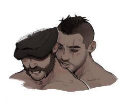 Rule 34 | 2boys, bara, beard, beard stubble, behind another, blush, call of duty, call of duty: modern warfare 2, captain price, cropped shoulders, facial hair, hat, kiss, kissing neck, male focus, mature male, mohawk, multiple boys, mustache, nude, parted lips, saliva, scar, scar across eye, short hair, sideburns, soap (modern warfare 2), stubble, thick eyebrows, white background, yaoi, yuli (bbgyz44)