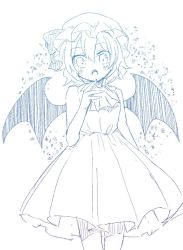 Rule 34 | 1girl, aoi (annbi), bat wings, blush, commentary request, ascot, dress, fangs, hand up, hat, hat ribbon, lineart, looking at viewer, mob cap, monochrome, open mouth, remilia scarlet, ribbon, short hair, solo, touhou, white background, wings