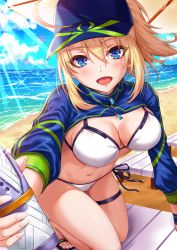 Rule 34 | 1girl, :d, ahoge, arm support, artoria pendragon (fate), baseball cap, beach, beach chair, beach umbrella, bikini, blonde hair, blue eyes, blue hat, blue jacket, blue sky, blush, breasts, cleavage, cloud, commentary request, cropped jacket, day, fate/grand order, fate (series), hair between eyes, hair through headwear, hat, head tilt, highres, holding, jacket, kneeling, leaning forward, light rays, long hair, long sleeves, looking at viewer, medium breasts, mysterious heroine x (fate), mysterious heroine xx (fate), navel, ocean, open mouth, outdoors, outstretched arm, ponytail, sakiyamama, sandals, short hair, shrug (clothing), side-tie bikini bottom, sidelocks, sky, smile, solo, sparkle, stomach, sunlight, swimsuit, thigh strap, thighs, umbrella, water, white bikini, wristband, zipper pull tab