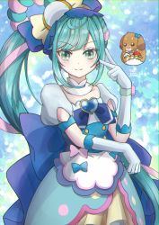 Rule 34 | 1girl, absurdres, apron, back bow, blue background, blue bow, blue eyes, blue hair, bow, brooch, closed mouth, cowboy shot, creature, cure spicy, dated, delicious party precure, detached collar, dog, elbow gloves, fuwa kokone, gloves, hair bow, hair ornament, hair rings, heart, heart brooch, highres, jewelry, long hair, looking at viewer, magical girl, multicolored hair, pam-pam (precure), pink hair, precure, puffy sleeves, sakihi, signature, skirt, smile, standing, two-tone hair, white gloves, yellow skirt