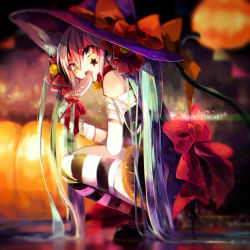 Rule 34 | 1girl, aka tonbo (lililil), animal ears, aqua eyes, aqua hair, bandages, bell, bow, candy, cat ears, cat tail, dress, food, hair bell, hair ornament, halloween, hat, hatsune miku, lollipop, long hair, looking at viewer, solo, solo focus, squatting, striped clothes, striped thighhighs, tail, tattoo, thighhighs, trick or treat, twintails, very long hair, vocaloid, witch hat